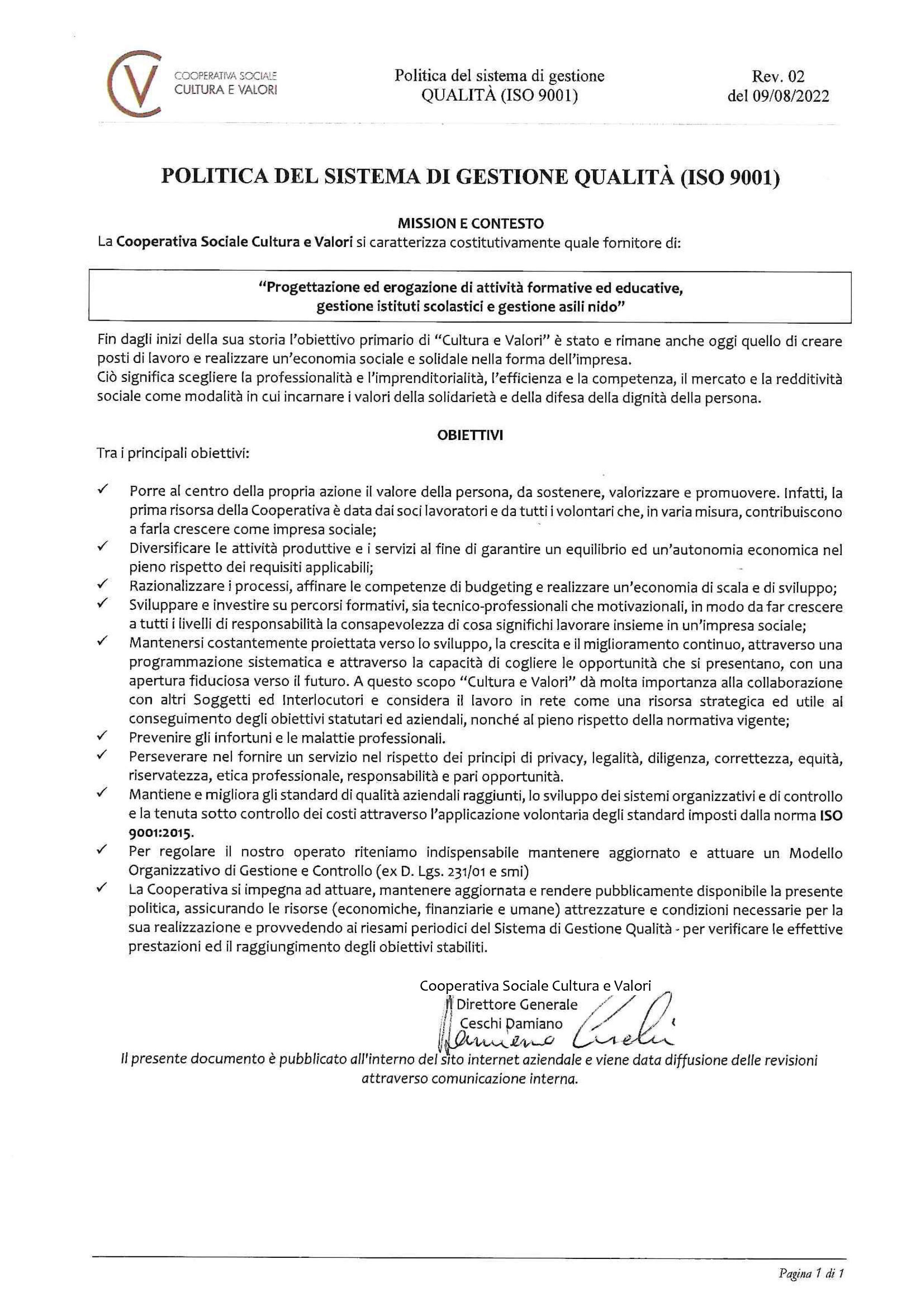 Politica del Sistema di gestione qualità